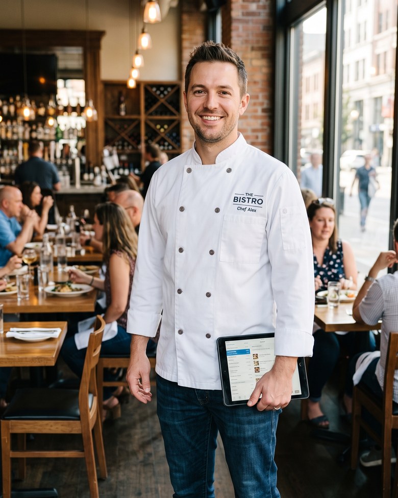 Chef de restaurante con una tablet de pedidos