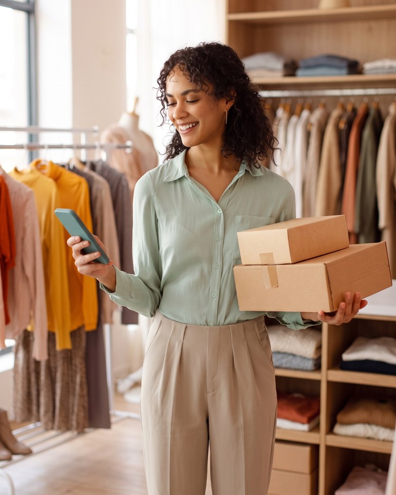 Dueña de tienda de ropa gestionando su negocio desde el celular
